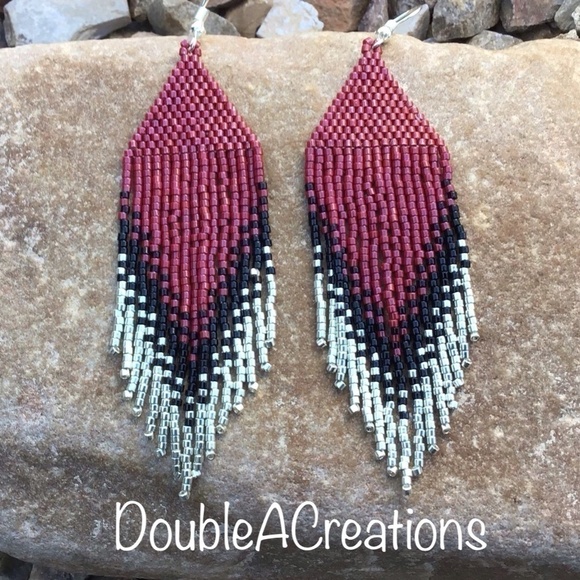 Deep Red and Silver Beaded Earrings with Fringe, New, Handmade by Me - Picture 3 of 9
